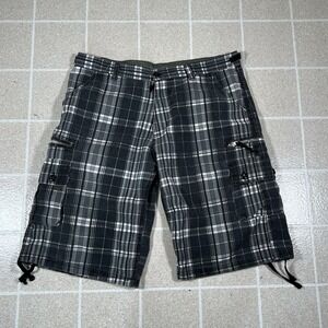 Vintage Y2K Plaid‎ Paratrooper Cargo Shorts Black Grey Grunge Adjustable Waist